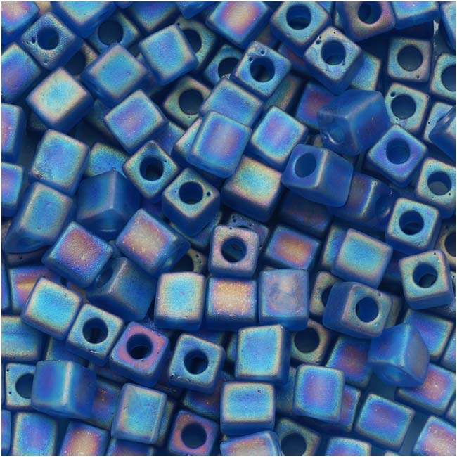 Miyuki 4mm Glass Cube Beads Transparent Frosted Capri Blue AB 149FR 10 Grams