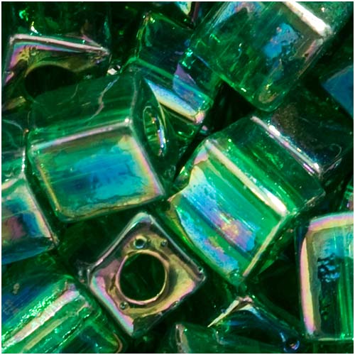 Miyuki 4mm Glass Cube Beads Transparent Emerald Green AB 179 10 Grams