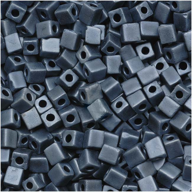 Miyuki 4mm Glass Cube Beads Matte Opaque Blue Gray 2001 10 Grams