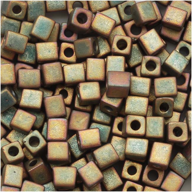Miyuki 4mm Glass Cube Beads 'Matte Metallic Khaki Iris' #2035 10 Grams