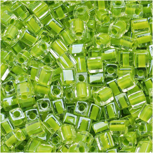 Miyuki 4mm Glass Cube Beads Lime Green Lined Crystal 245 10 Grams