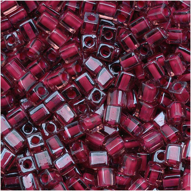 Miyuki 4mm Glass Cube Beads Pink Lined Transparent Red 2649 10 Grams