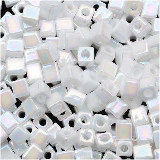 Miyuki 4mm Glass Cube Beads Opaque White AB #402R 10 Grams