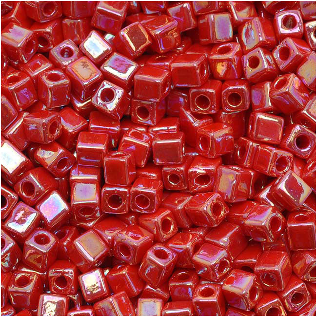 Miyuki 4mm Glass Cube Beads Opaque Red AB 10 Grams