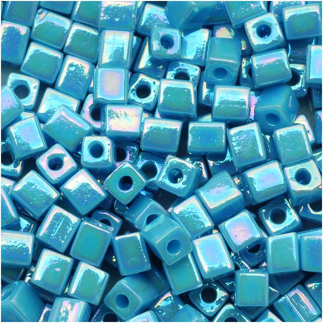 Miyuki 4mm Glass Cube Beads Opaque Light Blue AB #4132 10 Grams