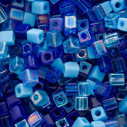 Miyuki 4mm Glass Cube Bead Mix Blue Tones 10 Grams