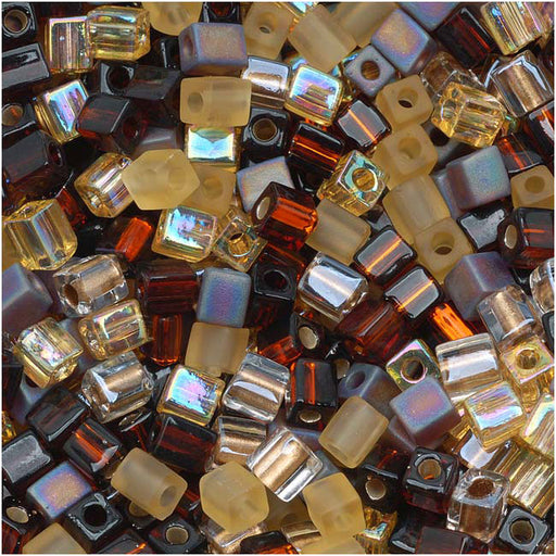 Miyuki 4mm Glass Cube Beads Color Mix Wheatberry Browns Ambers 10 Grams