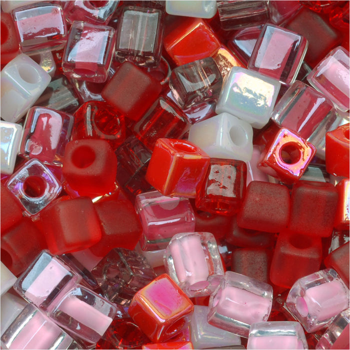 Miyuki 4mm Glass Cube Beads Color Mix Strawberry Fields Pinks Reds 10 Grams