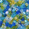 Miyuki 4mm Glass Cube Beads Color Mix Lagoon Blues Yellows 10 Grams
