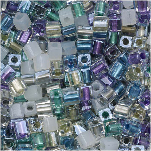 Miyuki 4mm Glass Cube Beads Color Mix Serenity Greens Purples 10 Grams