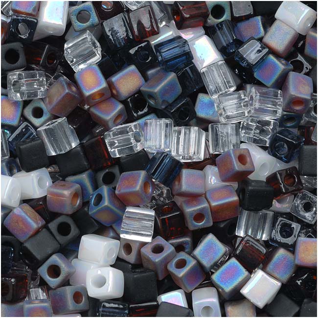Miyuki 4mm Glass Cube Beads Color Mix Pebblestone Black White 10 Grams