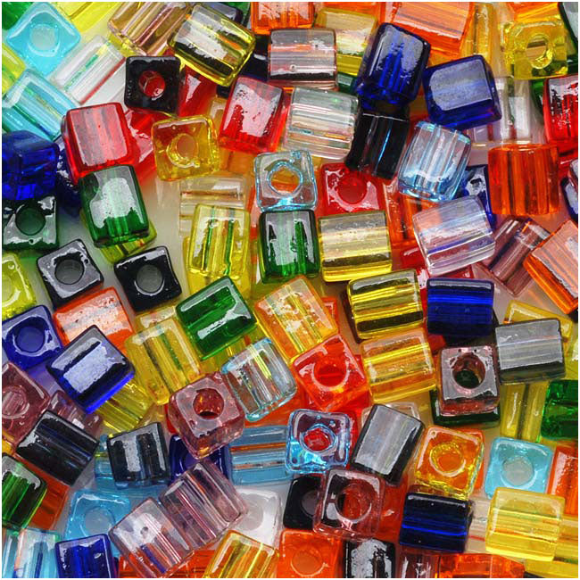 Miyuki 4mm Glass Cube Bead Mix 'Transparent Rainbow' 10 Grams