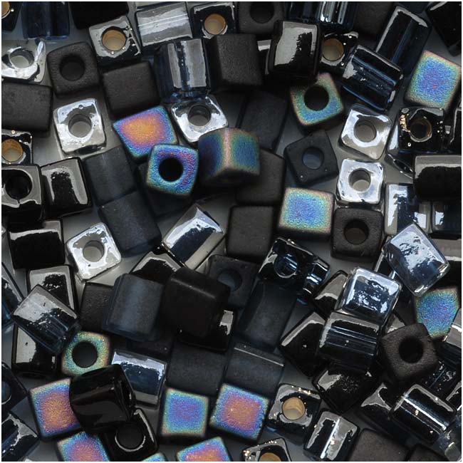 Miyuki 4mm Glass Cube Bead Mix Black Medley 10 Grams