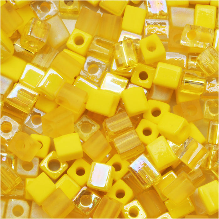 Miyuki 4mm Glass Cube Bead Mix Yellow Medley 10 Grams