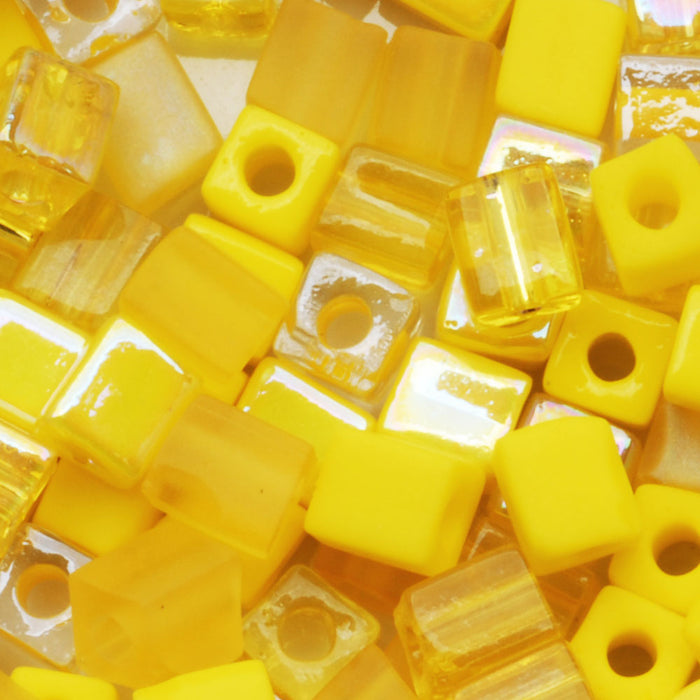 Miyuki 4mm Glass Cube Bead Mix Yellow Medley 10 Grams
