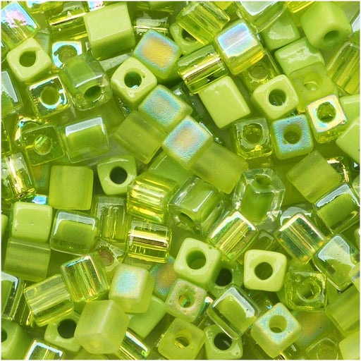 Miyuki 4mm Glass Cube Bead Mix 'Peridot Medley' Green 10 Grams
