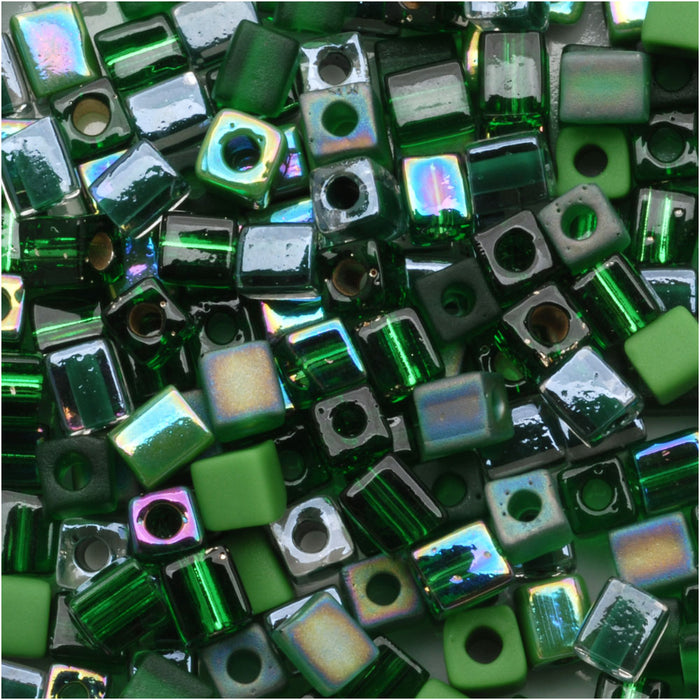 Miyuki 4mm Glass Cube Bead Mix Green Medley 10 Grams