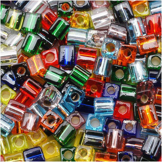 Miyuki 4mm Glass Cube Bead Mix 'Silver Lined Rainbow' 10 Grams