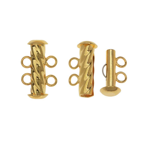 Slide Tube Clasps, 2-Strand Fluted Twist 17x4.5mm, Gold Plated (2 Sets)