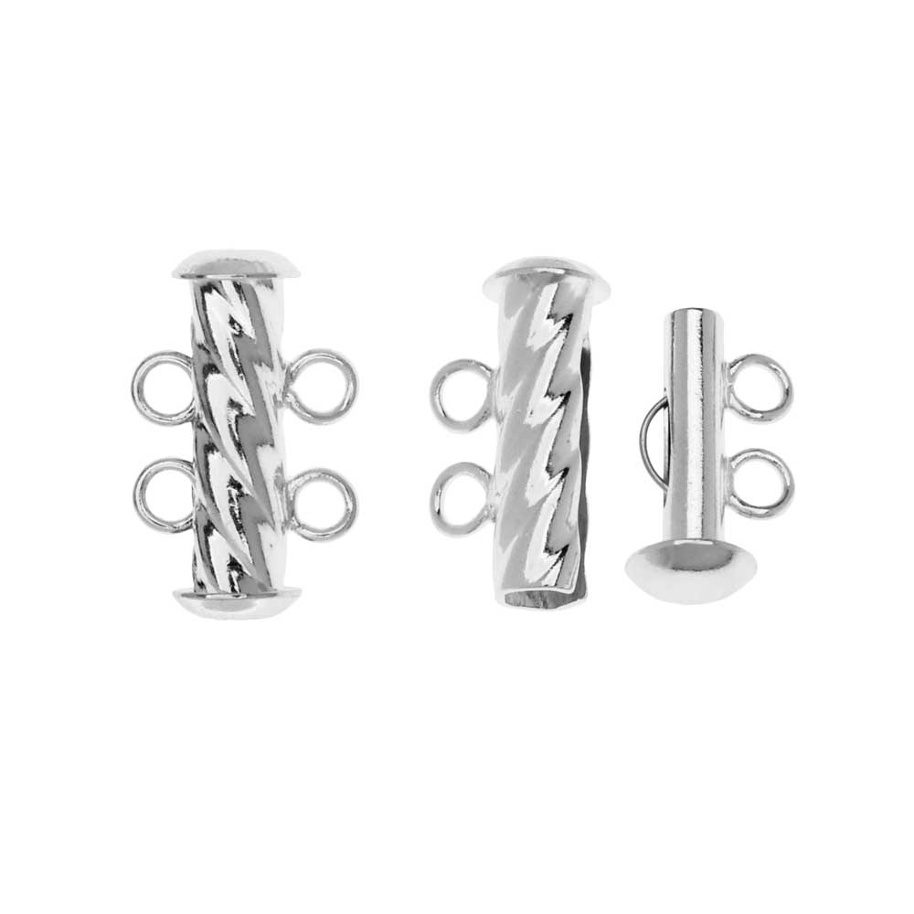 Slide Tube Clasps, 2-Strand Fluted Twist 17x4.5mm, Silver Plated (2 Sets)
