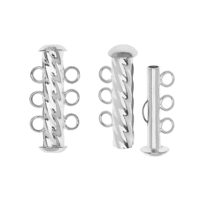 Slide Tube Clasps, 3-Strand Fluted Twist 22x4.5mm, Silver Plated (2 Sets)