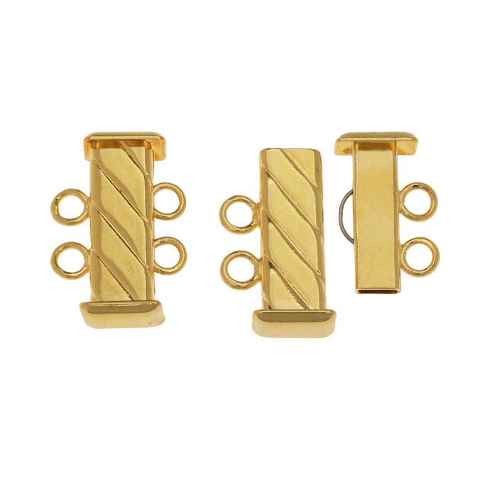 Slide Tube Clasps, 2-Strand Fluted Rectangle 16.5mm, Gold Plated (2 Sets)
