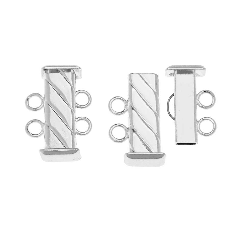 Slide Tube Clasps, 2-Strand Fluted Rectangle 16.5mm, Silver Plated (2 Sets)