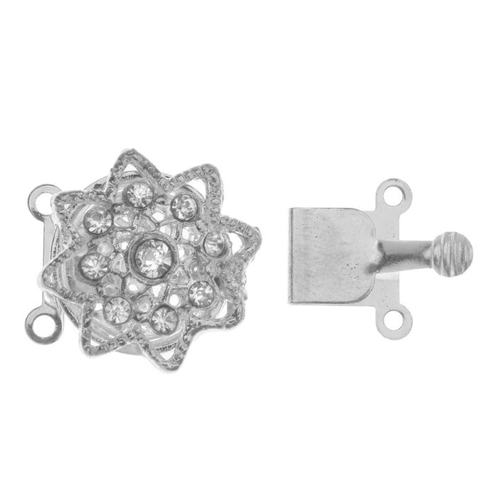 Box Clasps, 2-Strand Star Shaped Flower Design with Clear Rhinestones 20x15.5mm, Platinum Tone (1 Set)