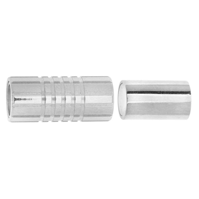 Magnetic Clasps, Tube Shape with Stripes 20mm, Fits 6mm Round Cord, 304 Stainless Steel (1 Set)