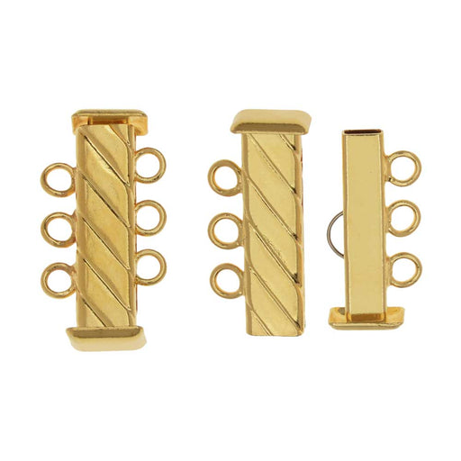Slide Tube Clasps, 3-Strand Fluted Rectangle 21mm, Gold Plated (2 Sets)