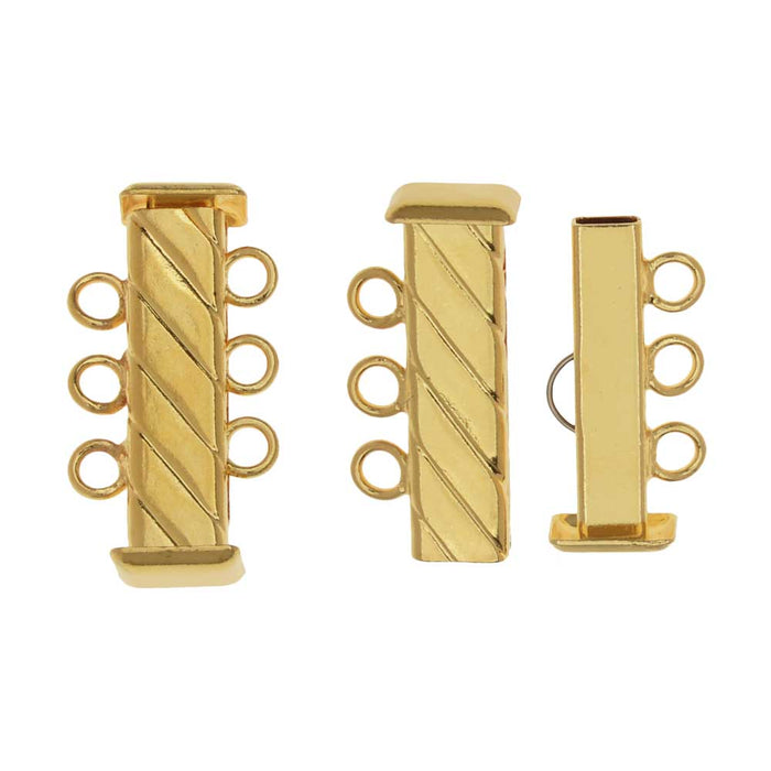 Slide Tube Clasps, 3-Strand Fluted Rectangle 21mm, Gold Plated (2 Sets)