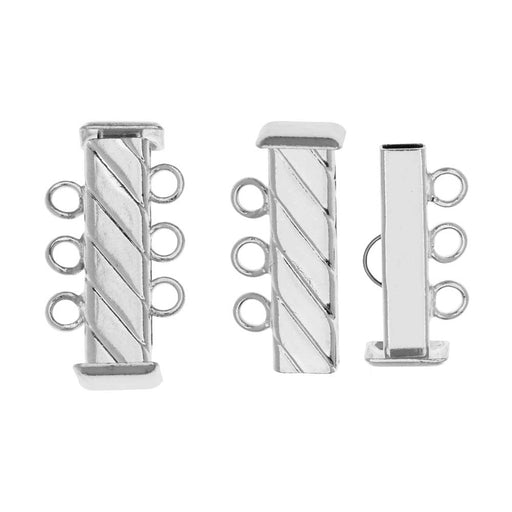 Slide Tube Clasps, 3-Strand Fluted Rectangle 21mm, Silver Plated (2 Sets)