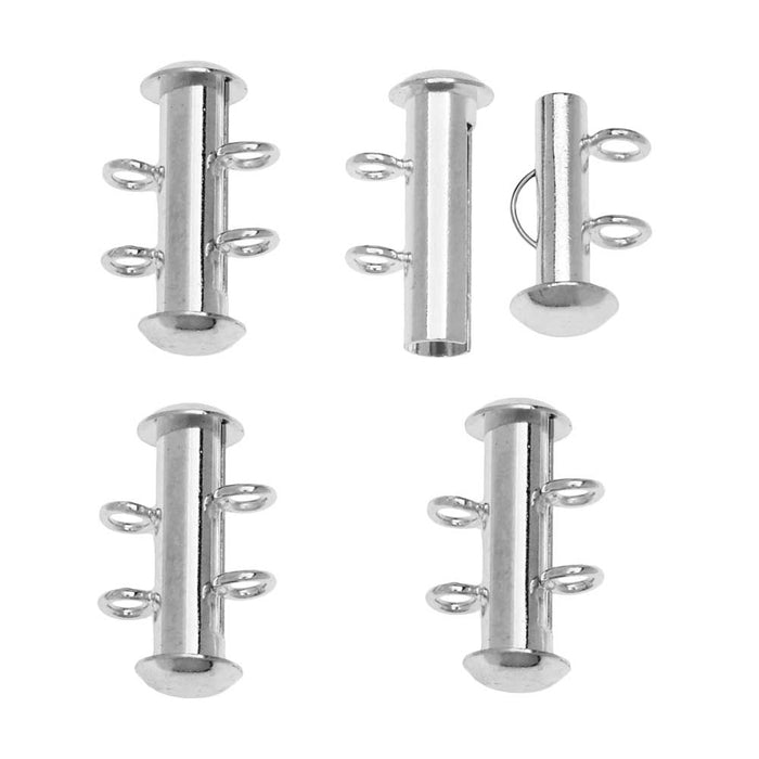 Slide Tube Clasps, 2-Strand with Vertical Loops 16.5x4mm, Silver Plated (4 Sets)