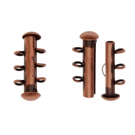 Slide Tube Clasps, 3-Strand with Vertical Loops 21.5x4mm, Antiqued Copper Plated (2 Sets)
