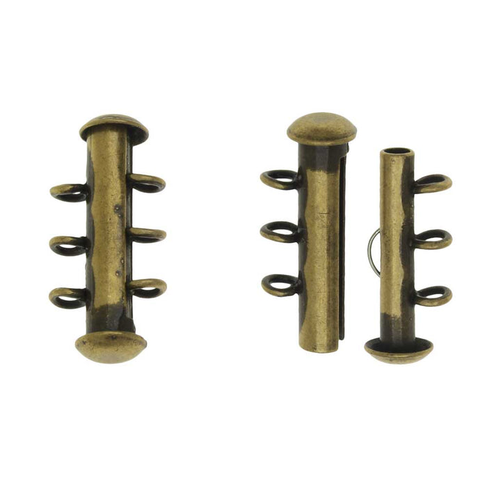 Slide Tube Clasps, 3-Strand with Vertical Loops 21.5x4mm, Antiqued Gold Plated (2 Sets)