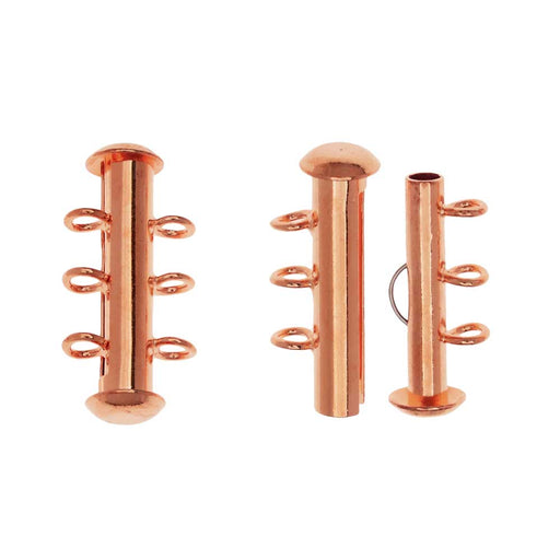 Slide Tube Clasps, 3-Strand with Vertical Loops 21.5x4mm, Copper Plated (2 Sets)