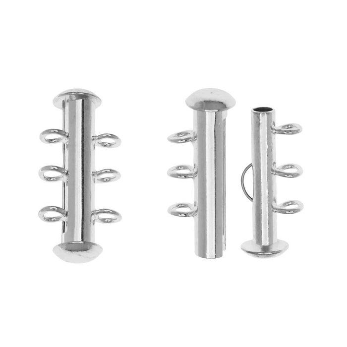 Slide Tube Clasps, 3-Strand with Vertical Loops 21.5x4mm, Silver Plated (2 Sets)