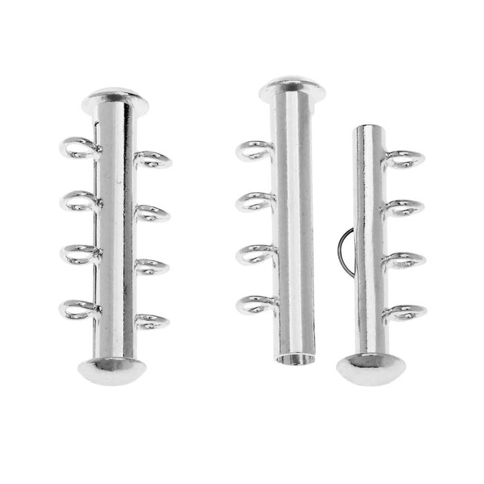 Slide Tube Clasps, 4-Strand with Vertical Loops 26x4mm, Silver Plated (2 Sets)