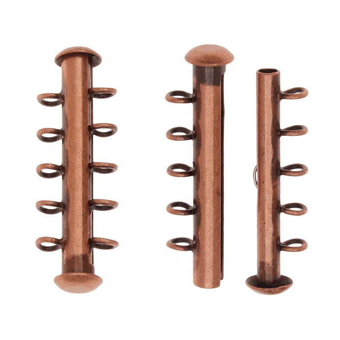 Slide Tube Clasps, 5-Strand with Vertical Loops 31.5x4mm, Antiqued Copper Plated (2 Sets)