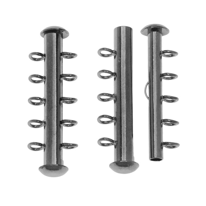 Slide Tube Clasps, 5-Strand with Vertical Loops 31.5x4mm, Gunmetal Finish (2 Sets)