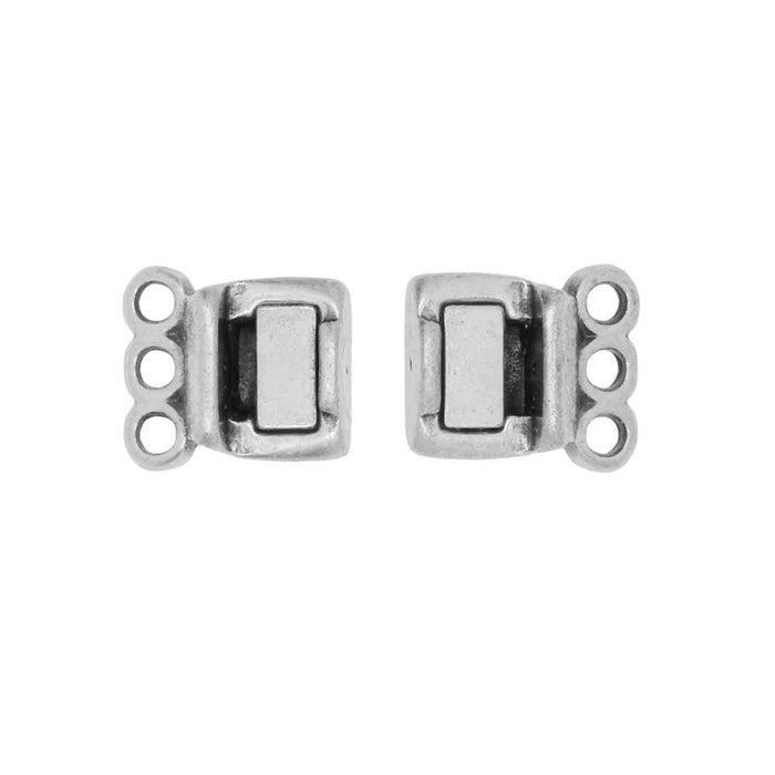 Magnetic Clasps, 3-Strand Rectangle 8x8.5mm, Antiqued Silver Plated (1 Set)