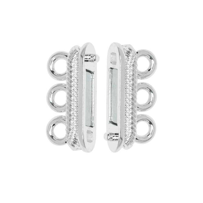 Magnetic Clasps, 3-Strand Bar with Rope Edge 20x8mm, Silver Tone Brass (1 Set)