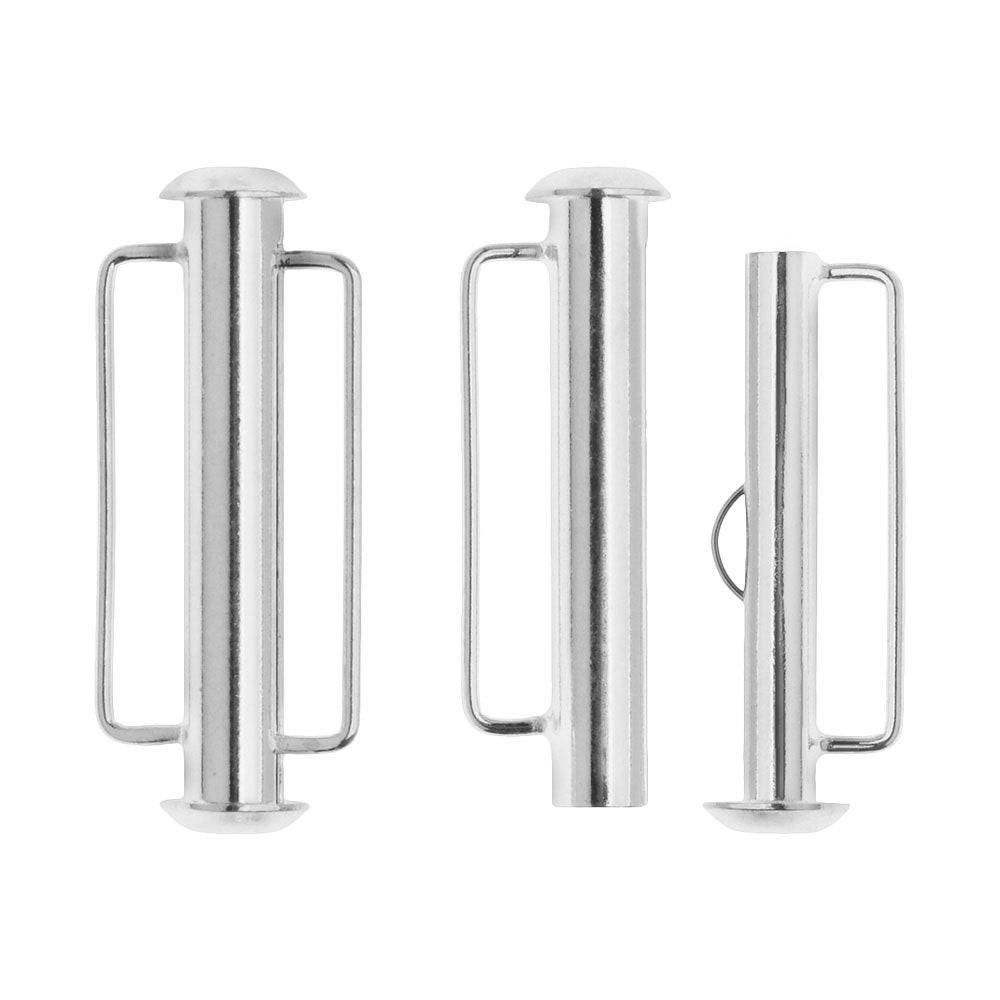 Slide Tube Clasps, with Bar Loops 26.5x10.5mm, Silver Plated (2 Pieces)