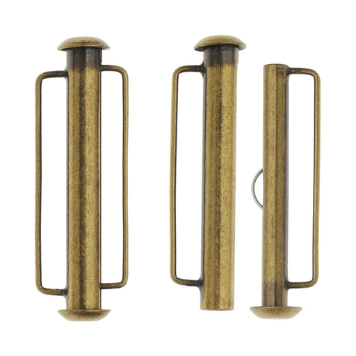 Slide Tube Clasps, with Bar Loops 31.5x10.5mm, Antiqued Brass Plated (2 Sets)