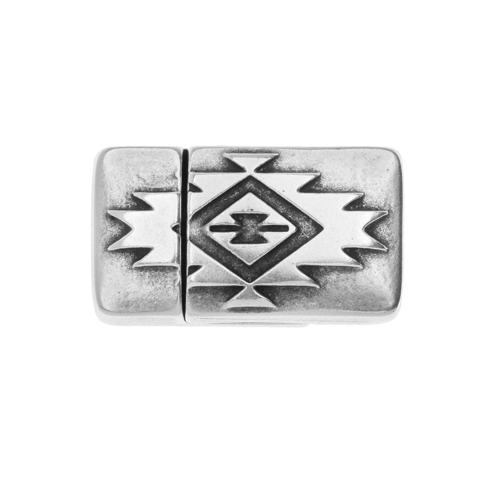 Magnetic Clasps, Native American Pattern 22.7x13mm, Fits 10mm Cord, Ant Silver Plated (1 Set)
