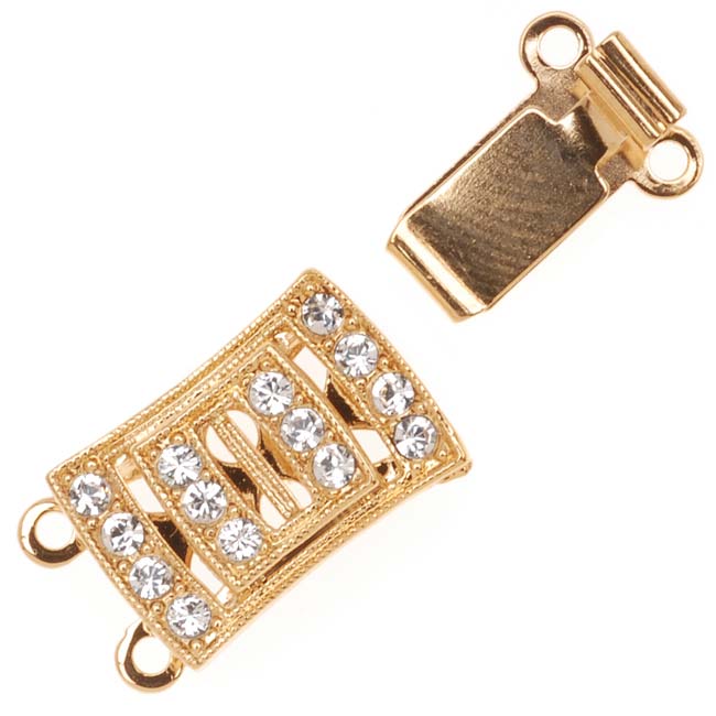 Filigree Box Clasps, 2 Strand Rectangle with Swarovsk Crystals 18x10mm, Gold Plated (1 Piece)