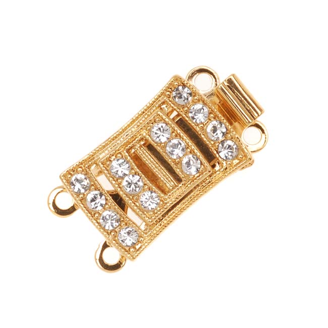 Filigree Box Clasps, 2 Strand Rectangle with Swarovsk Crystals 18x10mm, Gold Plated (1 Piece)