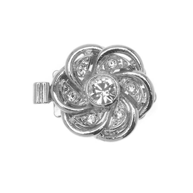 Filigree Box Clasps, Flower Design with Crystals 15mm, Rhodium Plated (1 Piece)