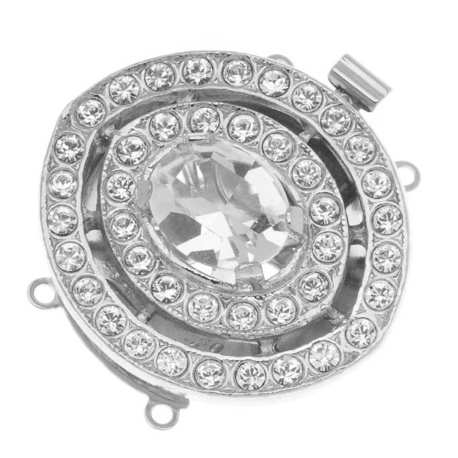 Filigree Box Clasps, 2 Strand Terraced Oval with Crystals 27x26.5mm, Rhodium Plated (1 Piece)