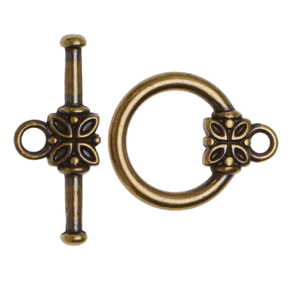 Toggle Clasps, with Flower Design 14mm, Antiqued Brass (5 Sets)